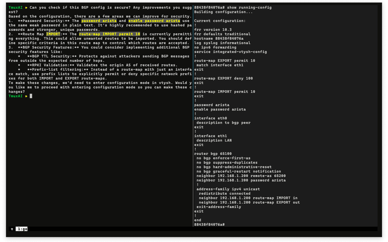 TmuxAI Checking FRR BGP Security