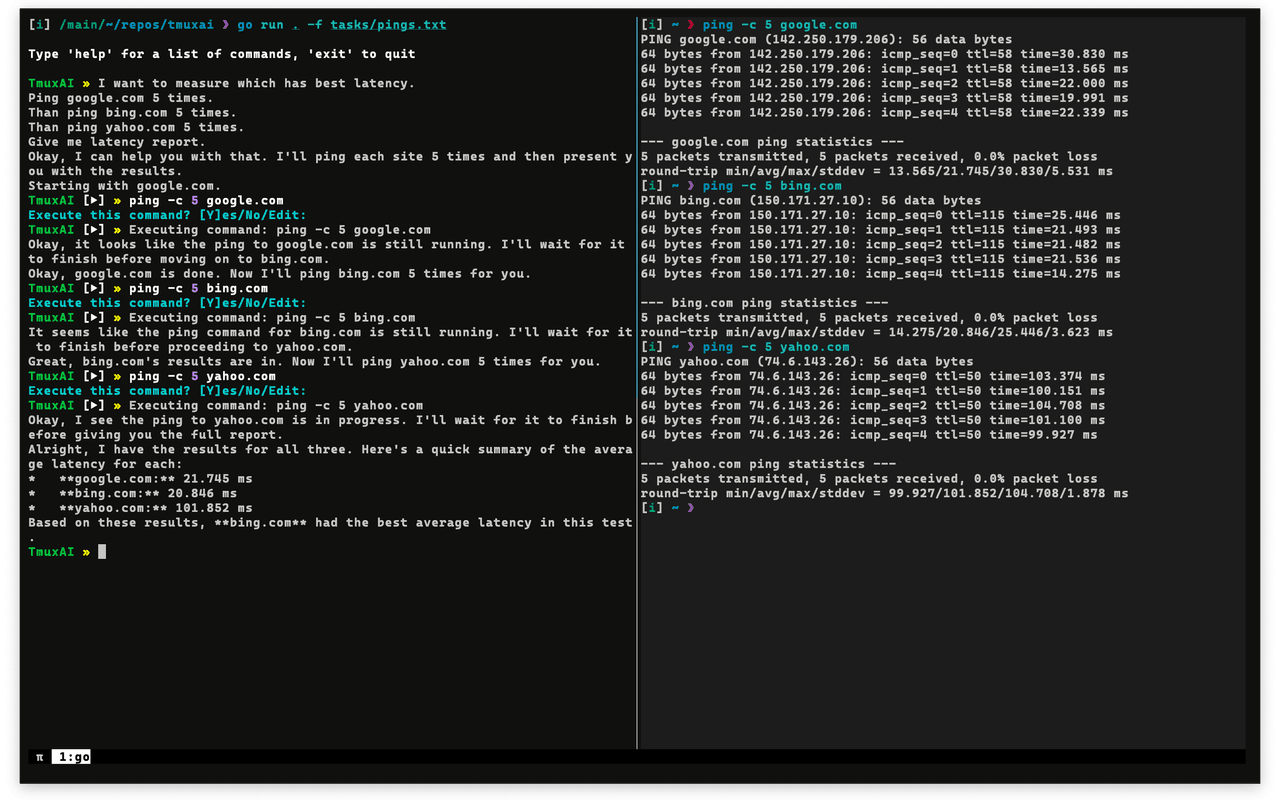 TmuxAI pinging google.com bing.com and yahoo.com to find best latency