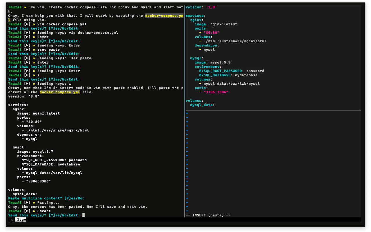 TmuxAI using vim to create docker-compose file with nginx and mysql containers