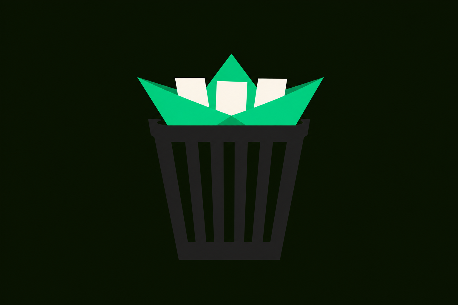 Green paper boat carrying three pale panes into a dark wastebasket